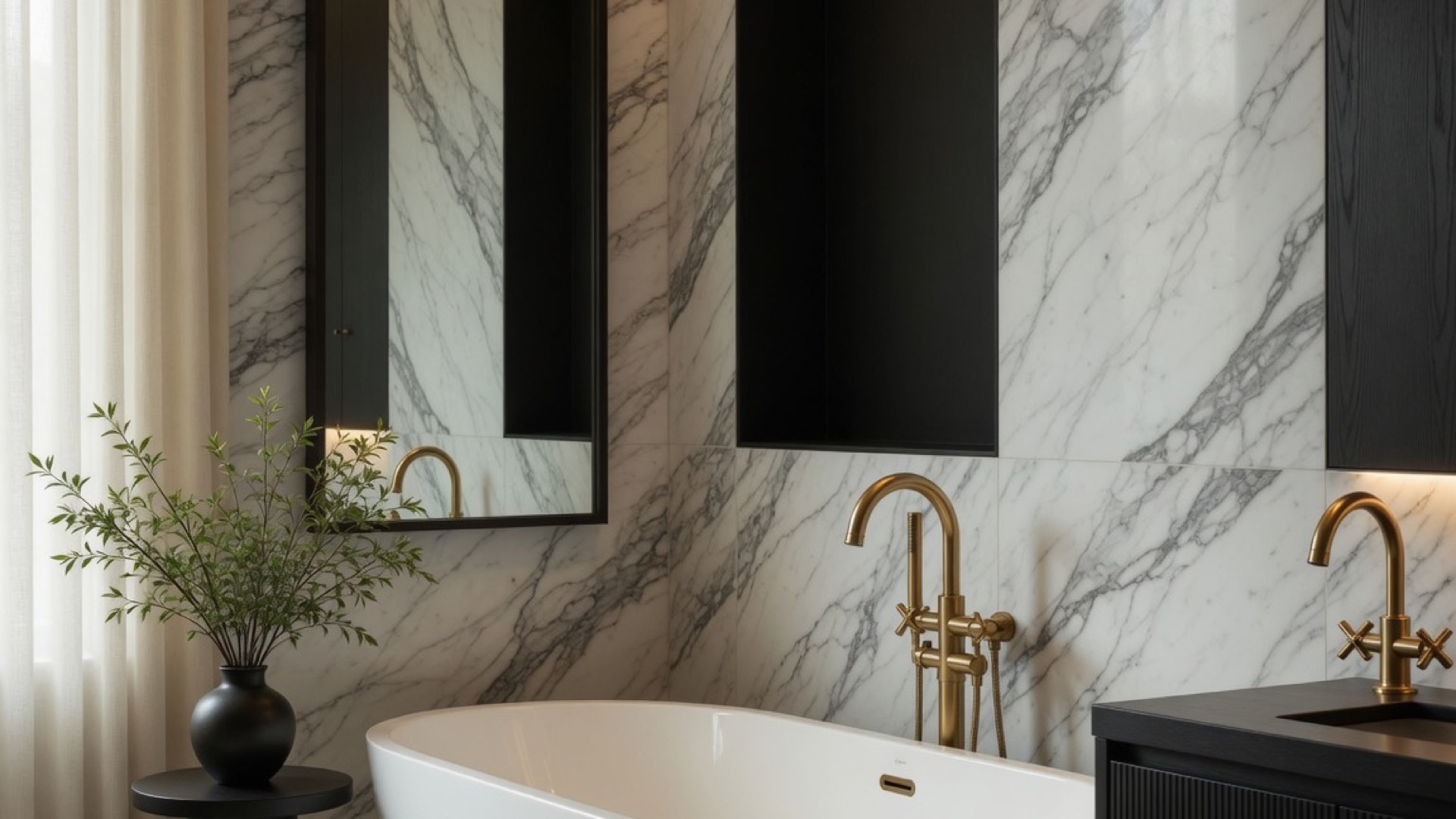 Renovated bathroom with freestanding tub and brass taps