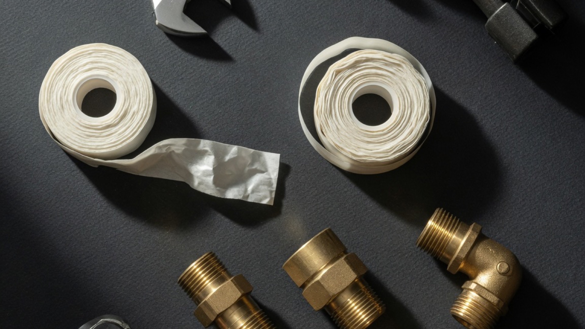 Plumbing tools laid out: wrenches, pipe cutters, thread tape, brass fittings