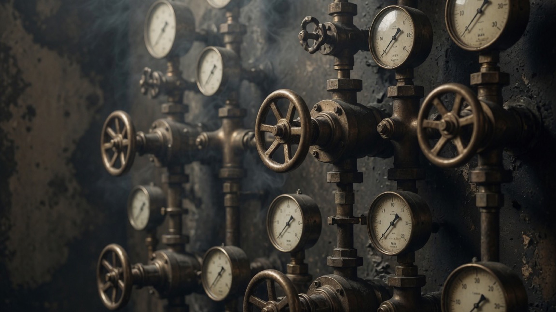 A wall of brass valves and pressure gauges