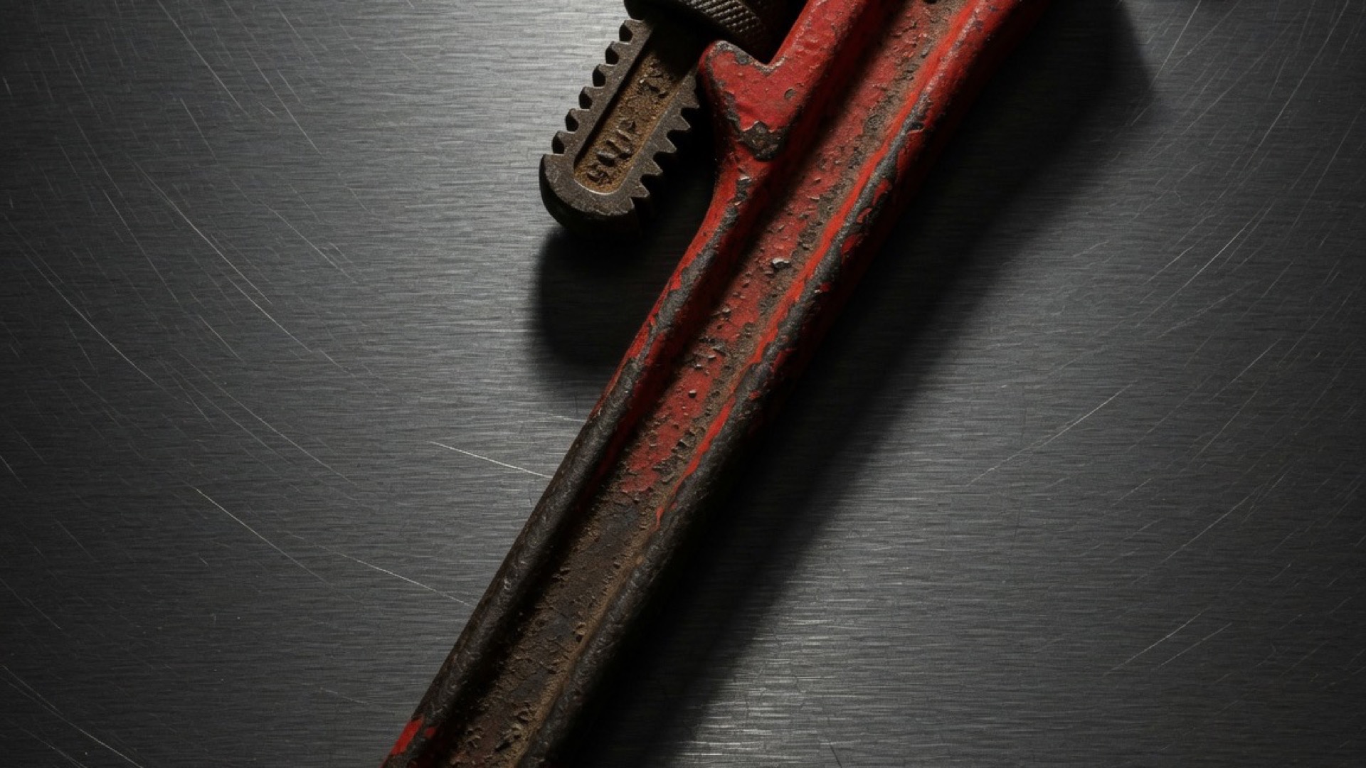 A heavy vintage red pipe wrench